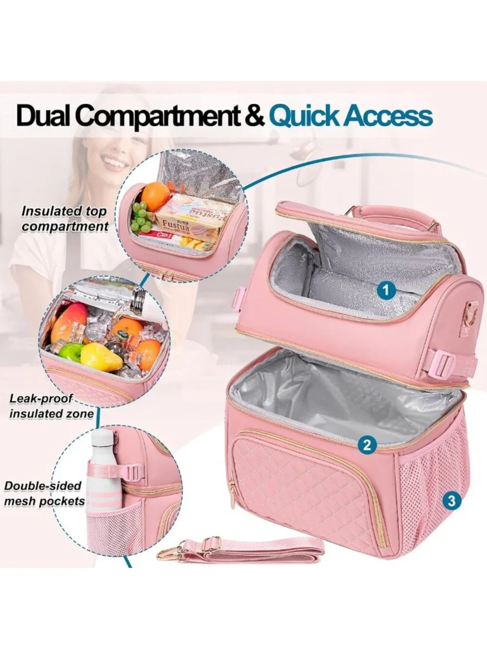 Insulated Dual Compartment Lunch Bag, Leakproof Cooler for Work & Picnic - Pink